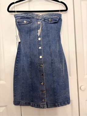 Timing Blue Strapless Denim Button-Front Dress